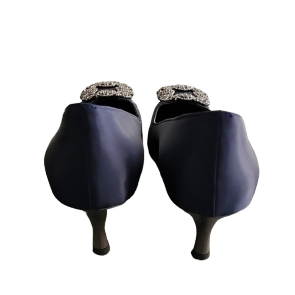 LA SCADA Navy Satin Pumps 37 7 Heels Jeweled Brooch Pointy Toe Euro Luxe - Picture 13 of 16